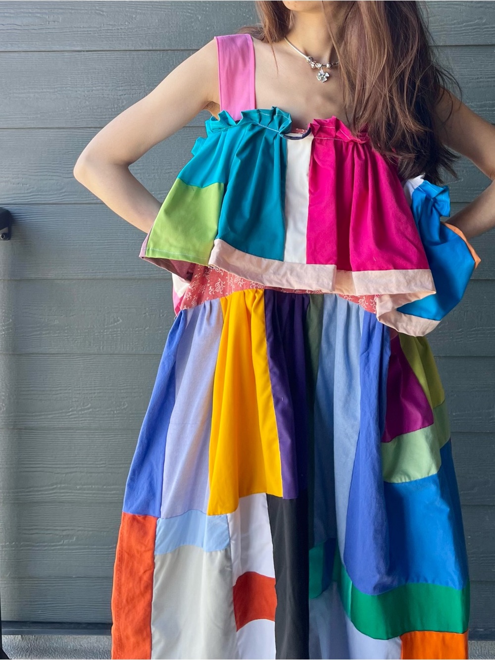 Handmade Sleeveless Ruffled Patchwork Colorblock Dress SKU 06231